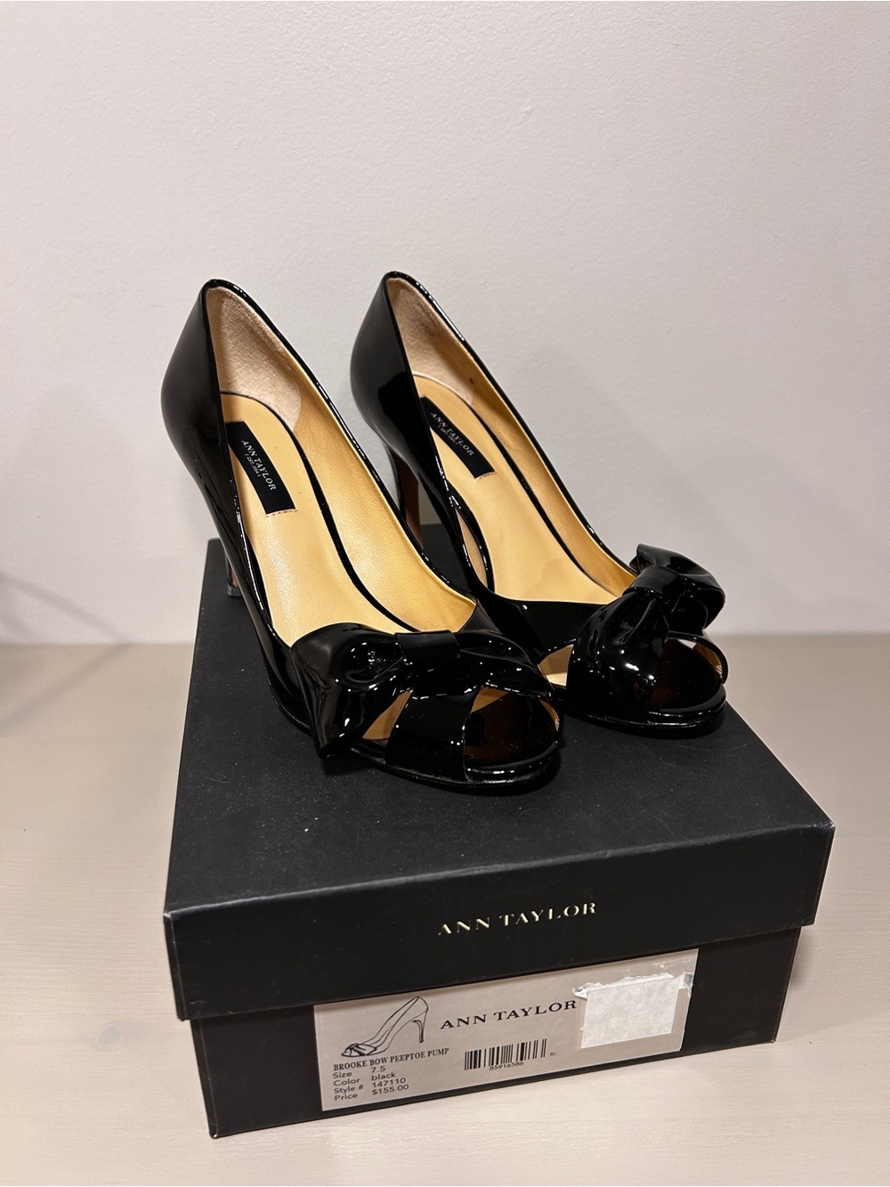 Ann Taylor Black Patent Peep-Toe Bow Pumps